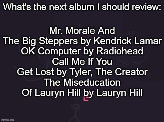 vik's image | Mr. Morale And The Big Steppers by Kendrick Lamar
OK Computer by Radiohead
Call Me If You Get Lost by Tyler, The Creator
The Miseducation Of Lauryn Hill by Lauryn Hill; What's the next album I should review: | image tagged in vik's image | made w/ Imgflip meme maker