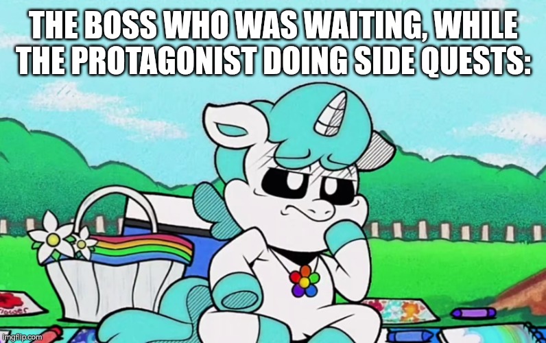 Crafty bored | THE BOSS WHO WAS WAITING, WHILE THE PROTAGONIST DOING SIDE QUESTS: | image tagged in crafty bored | made w/ Imgflip meme maker