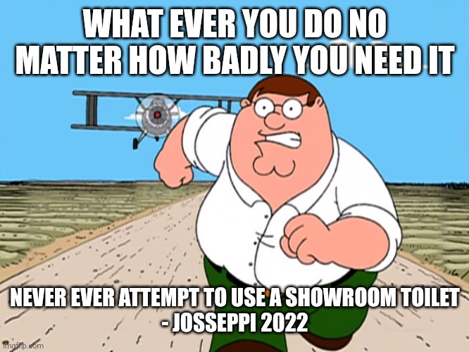 Peter Griffin running away | WHAT EVER YOU DO NO MATTER HOW BADLY YOU NEED IT; NEVER EVER ATTEMPT TO USE A SHOWROOM TOILET
- JOSSEPPI 2022 | image tagged in peter griffin running away,ikea,sweden | made w/ Imgflip meme maker