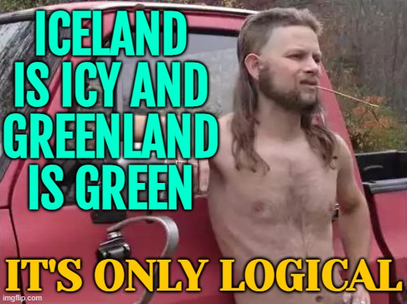 Iceland Is Icy And Greenland Is Green; It's Only Logical | ICELAND IS ICY AND
GREENLAND IS GREEN; IT'S ONLY LOGICAL | image tagged in almost politically correct redneck,almost redneck,redneck hillbilly,you might be a redneck if,special kind of stupid,usa | made w/ Imgflip meme maker