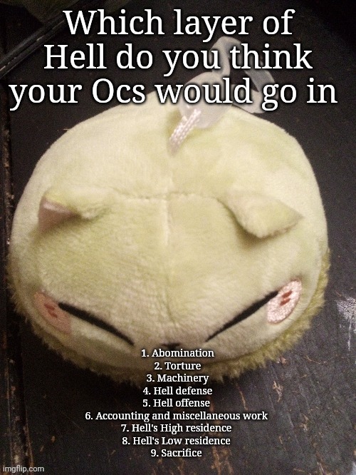 MonMon | Which layer of Hell do you think your Ocs would go in; 1. Abomination
2. Torture
3. Machinery
4. Hell defense
5. Hell offense 
6. Accounting and miscellaneous work 
7. Hell's High residence 
8. Hell's Low residence 
9. Sacrifice | image tagged in monmon | made w/ Imgflip meme maker