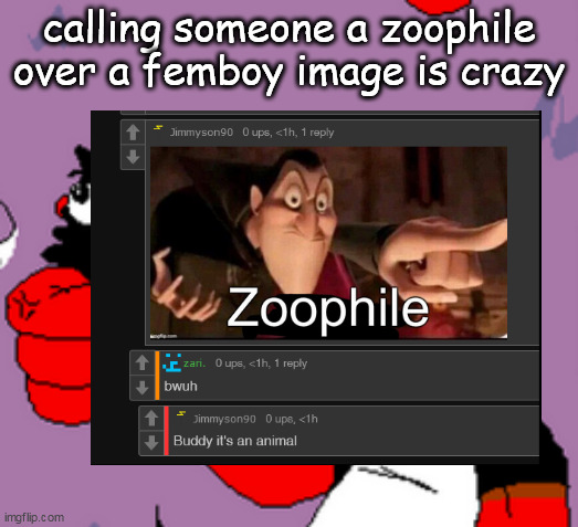 peppino strangling anton | calling someone a zoophile over a femboy image is crazy | image tagged in peppino strangling anton | made w/ Imgflip meme maker