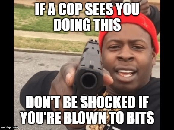 Never, never do this | IF A COP SEES YOU
DOING THIS; DON'T BE SHOCKED IF
YOU'RE BLOWN TO BITS | image tagged in black guy pointing gun at camera,police,respect,use of force,the law,cops | made w/ Imgflip meme maker