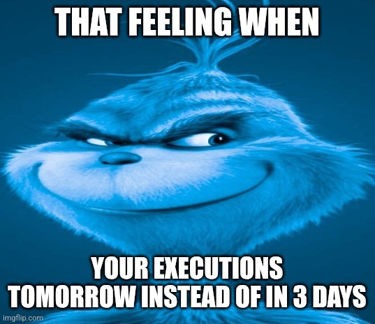 Blue Grinch | THAT FEELING WHEN; YOUR EXECUTIONS TOMORROW INSTEAD OF IN 3 DAYS | image tagged in blue grinch | made w/ Imgflip meme maker