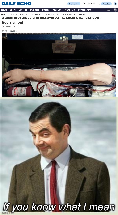 Punny Headline | If you know what I mean | image tagged in mr bean smirk,headline,stolen,second hand,found | made w/ Imgflip meme maker