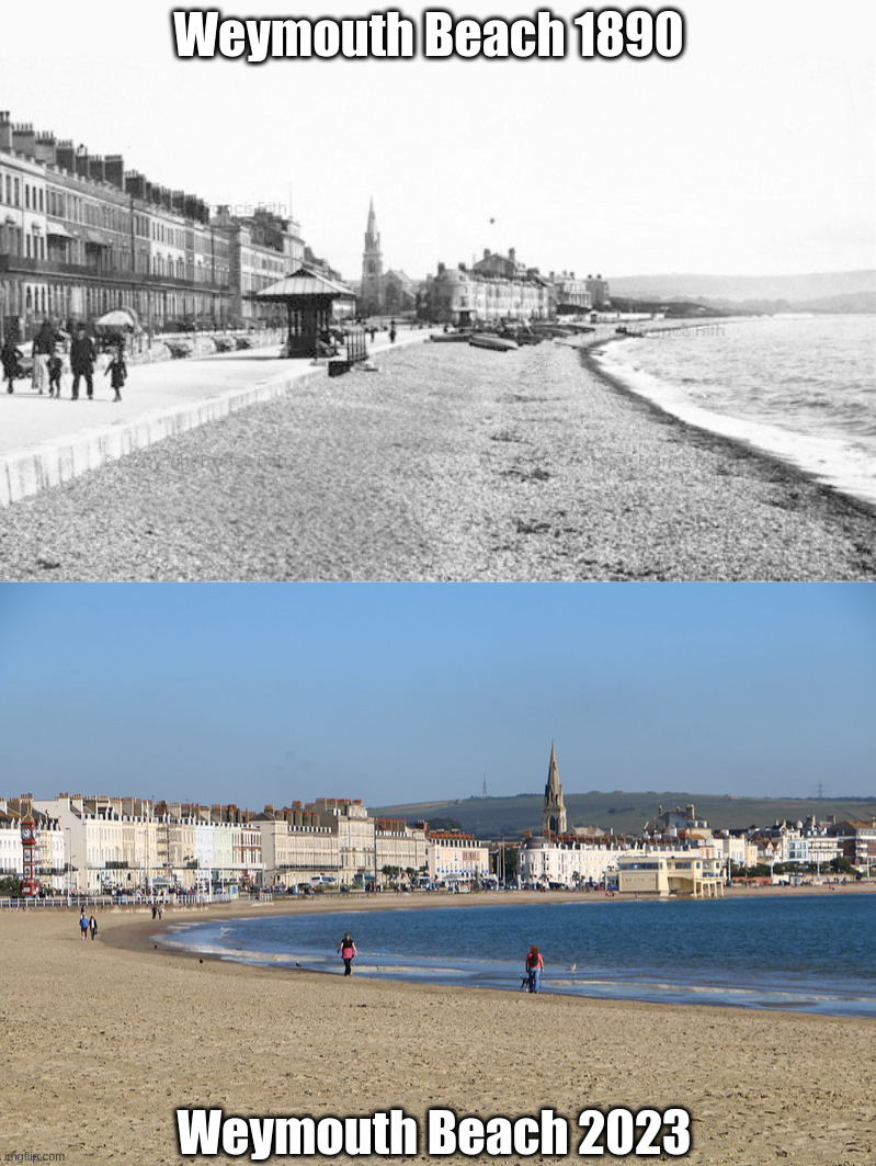 Weymouth Beach | Weymouth Beach 1890; Weymouth Beach 2023 | image tagged in climate change | made w/ Imgflip meme maker