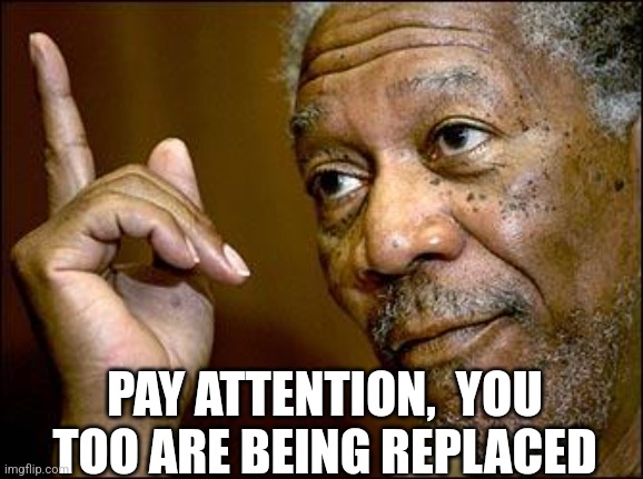 This Morgan Freeman | PAY ATTENTION,  YOU TOO ARE BEING REPLACED | image tagged in this morgan freeman | made w/ Imgflip meme maker