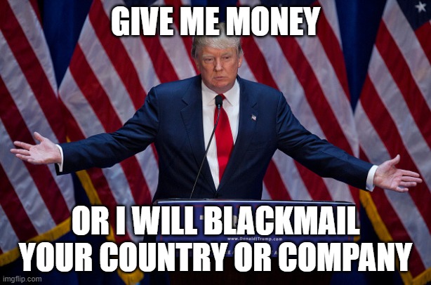 4 more years of this.... | GIVE ME MONEY; OR I WILL BLACKMAIL YOUR COUNTRY OR COMPANY | image tagged in donald trump,crime family,oligarchy,pedo | made w/ Imgflip meme maker