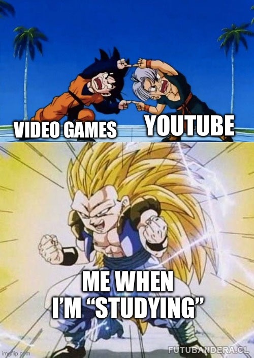 DBZ FUSION | YOUTUBE; VIDEO GAMES; ME WHEN I’M “STUDYING” | image tagged in dbz fusion | made w/ Imgflip meme maker