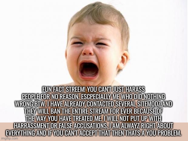 giving off little sibling vibes fr | FUN FACT STREEM! YOU CAN'T JUST HARASS PEOPLE FOR NO REASON. ESCPECIALLY ME WHO DID NOTHING WRONG BTW. I HAVE ALREADY CONTACTED SEVERAL SITEMODZ AND THEY WILL BAN THE ENTIRE STREAM FOR EVER BECAUSE OF THE WAY YOU HAVE TREATED ME. I WILL NOT PUT UP WITH HARRASSMENT OR FALSE ACCUSATIONS. I AM ALWAYZ RIGHT ABOUT EVERYTHING AND IF YOU CAN'T ACCEPT THAT THEN THATS A YOU PROBLEM. | image tagged in baby crying | made w/ Imgflip meme maker