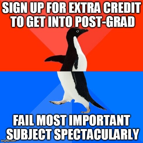 Socially Awesome Awkward Penguin | SIGN UP FOR EXTRA CREDIT TO GET INTO POST-GRAD FAIL MOST IMPORTANT SUBJECT SPECTACULARLY | image tagged in memes,socially awesome awkward penguin | made w/ Imgflip meme maker