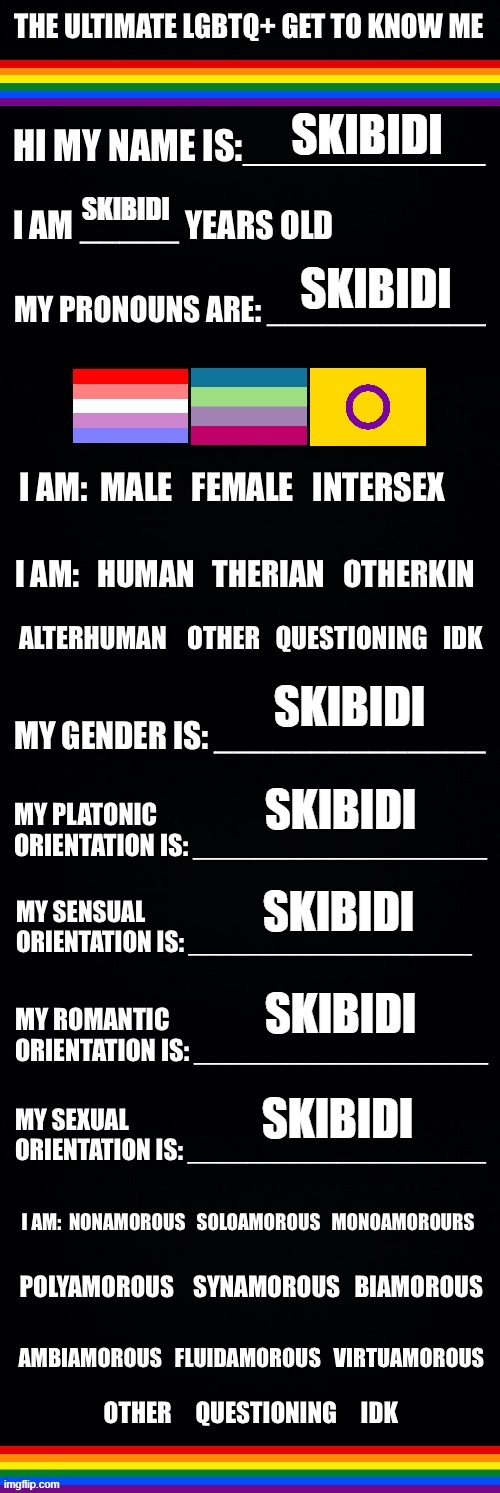 The ultimate LGBTQ+ get to know me | SKIBIDI; SKIBIDI; SKIBIDI; SKIBIDI; SKIBIDI; SKIBIDI; SKIBIDI; SKIBIDI | image tagged in the ultimate lgbtq get to know me | made w/ Imgflip meme maker