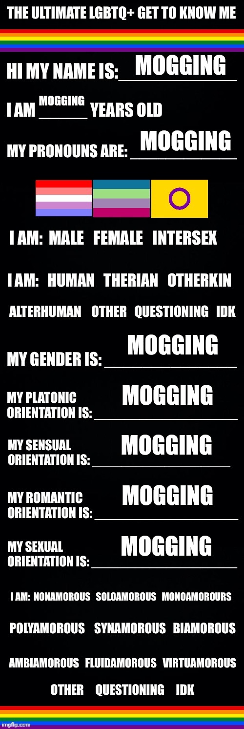 The ultimate LGBTQ+ get to know me | MOGGING; MOGGING; MOGGING; MOGGING; MOGGING; MOGGING; MOGGING; MOGGING | image tagged in the ultimate lgbtq get to know me | made w/ Imgflip meme maker