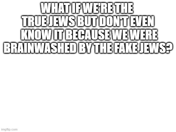 WHAT IF WE'RE THE 
TRUE JEWS BUT DON'T EVEN
 KNOW IT BECAUSE WE WERE BRAINWASHED BY THE FAKE JEWS? | image tagged in memes | made w/ Imgflip meme maker