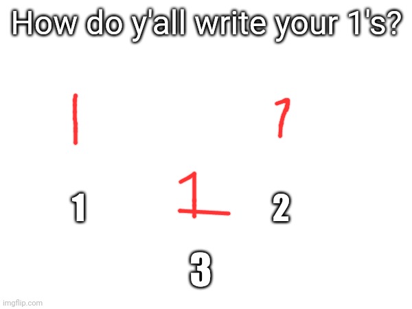 How do y'all write your 1's? 1                               2; 3 | made w/ Imgflip meme maker