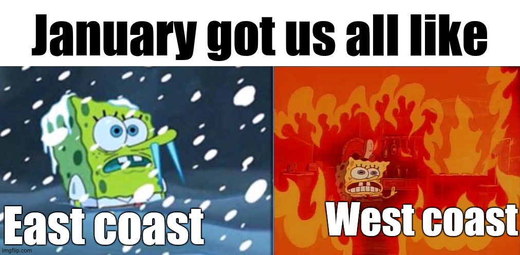 It's Only January, What's Happening in Our Country? | January got us all like; West coast; East coast | image tagged in freezing spongebob,burning spongebob,january | made w/ Imgflip meme maker