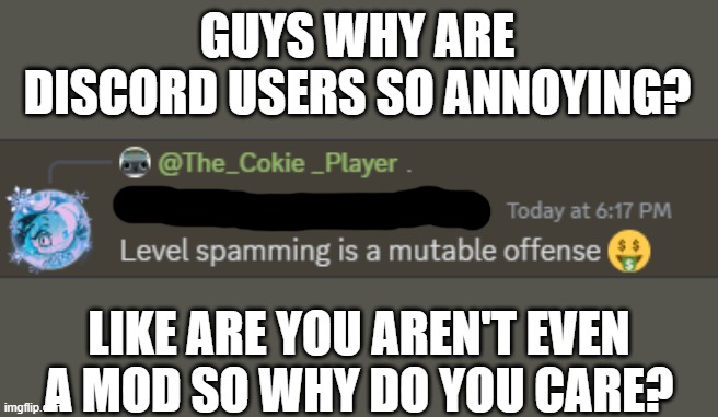 GUYS WHY ARE DISCORD USERS SO ANNOYING? LIKE ARE YOU AREN'T EVEN A MOD SO WHY DO YOU CARE? | made w/ Imgflip meme maker