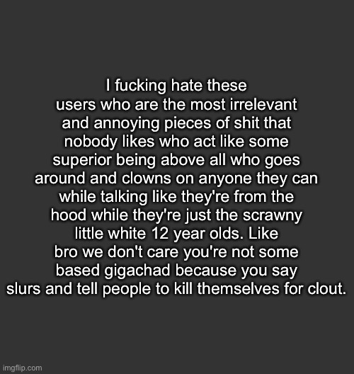 Take Xetra for example | I fucking hate these users who are the most irrelevant and annoying pieces of shit that nobody likes who act like some superior being above all who goes around and clowns on anyone they can while talking like they're from the hood while they're just the scrawny little white 12 year olds. Like bro we don't care you're not some based gigachad because you say slurs and tell people to kill themselves for clout. | image tagged in blank dark mode square | made w/ Imgflip meme maker