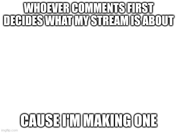 Blank White Template | WHOEVER COMMENTS FIRST DECIDES WHAT MY STREAM IS ABOUT; CAUSE I'M MAKING ONE | image tagged in blank white template | made w/ Imgflip meme maker