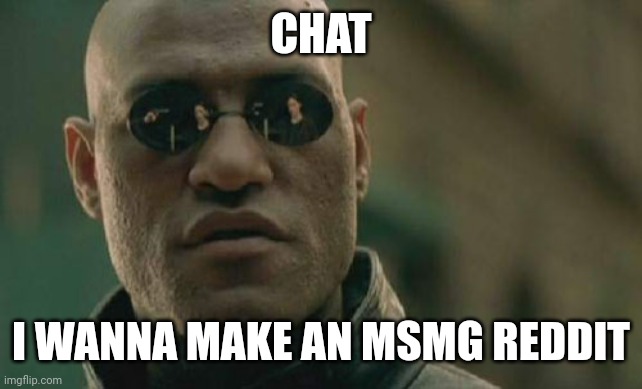 Who's in? | CHAT; I WANNA MAKE AN MSMG REDDIT | image tagged in memes,matrix morpheus | made w/ Imgflip meme maker