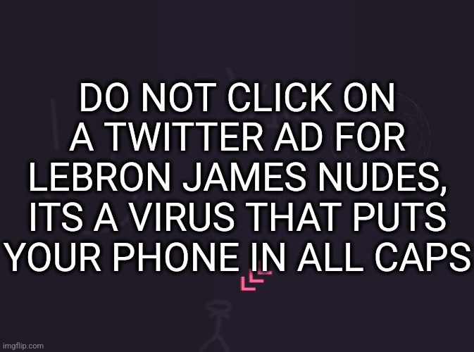 vik's image | DO NOT CLICK ON A TWITTER AD FOR LEBRON JAMES NUDES, ITS A VIRUS THAT PUTS YOUR PHONE IN ALL CAPS | image tagged in vik's image | made w/ Imgflip meme maker