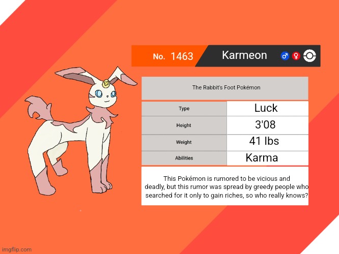 Been holding this one in my files for a moment | 1463; Karmeon; The Rabbit's Foot Pokémon; Luck; 3'08; 41 lbs; Karma; This Pokémon is rumored to be vicious and deadly, but this rumor was spread by greedy people who searched for it only to gain riches, so who really knows? | image tagged in blank pokemon swsh pokedex | made w/ Imgflip meme maker