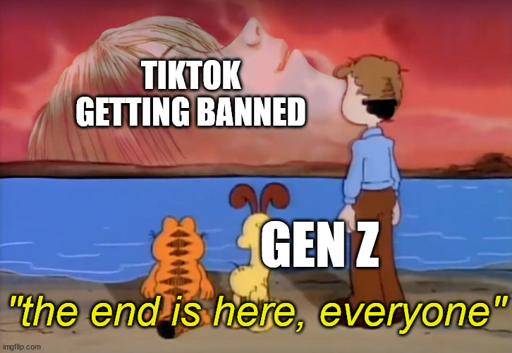 Am I the only one not overreacting? | TIKTOK GETTING BANNED; GEN Z; "the end is here, everyone" | image tagged in end of garfield,tiktok,banned | made w/ Imgflip meme maker