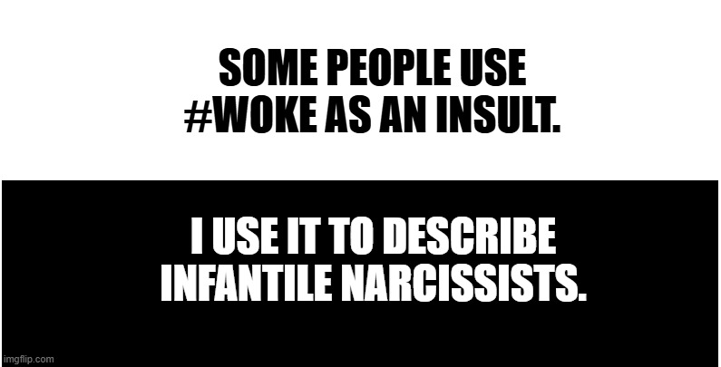 #woke | SOME PEOPLE USE #WOKE AS AN INSULT. I USE IT TO DESCRIBE INFANTILE NARCISSISTS. | made w/ Imgflip meme maker