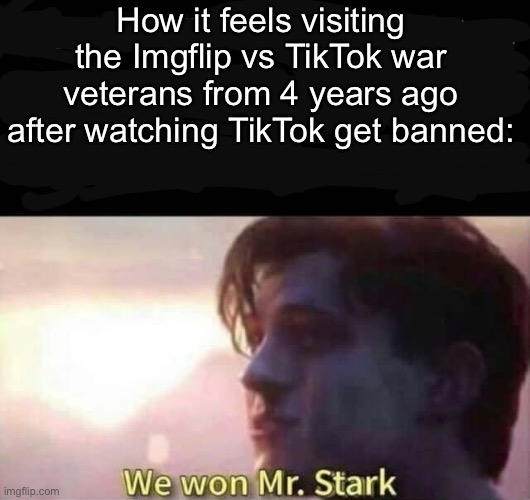 Most of y’all weren’t even here for that so y’all don’t know about that | How it feels visiting the Imgflip vs TikTok war veterans from 4 years ago after watching TikTok get banned: | image tagged in we won mr stark,it was also corny,i did not participate in it | made w/ Imgflip meme maker