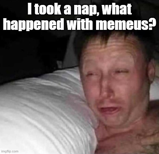 Sleepy guy | I took a nap, what happened with memeus? | image tagged in sleepy guy | made w/ Imgflip meme maker