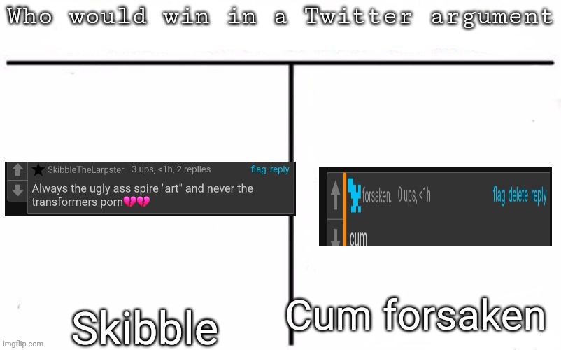 Pitting random mfs against each other | Cum forsaken; Skibble | image tagged in pitting random mfs against each other,msmg,memes | made w/ Imgflip meme maker