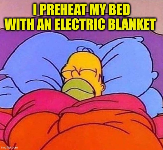 Homer Simpson sleeping peacefully | I PREHEAT MY BED WITH AN ELECTRIC BLANKET | image tagged in homer simpson sleeping peacefully | made w/ Imgflip meme maker