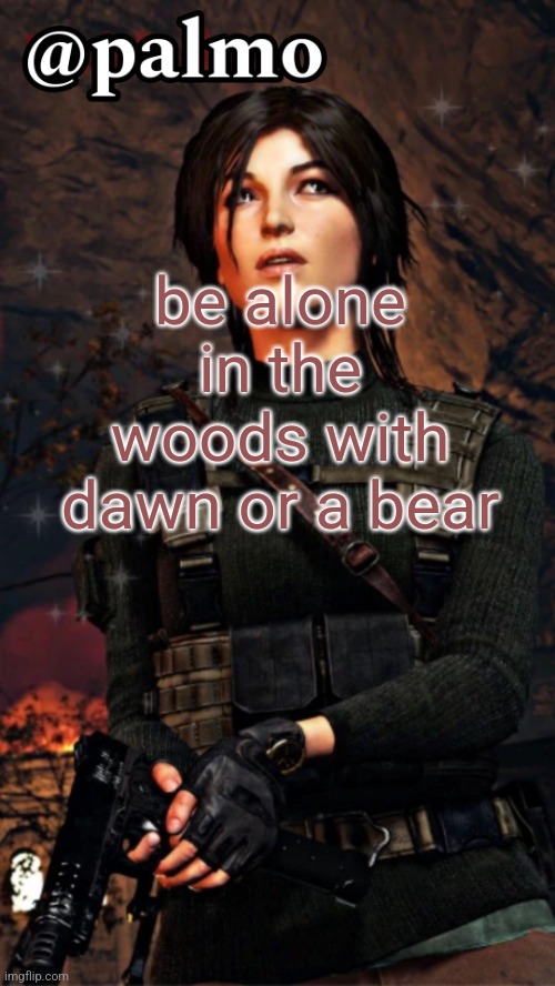 palmo x daftyy temp | be alone in the woods with dawn or a bear | image tagged in palmo x daftyy temp | made w/ Imgflip meme maker
