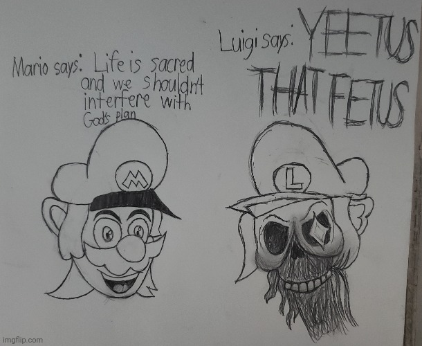 What are the Mario Bros' views on abortion? | image tagged in mario's madness,drawing | made w/ Imgflip meme maker