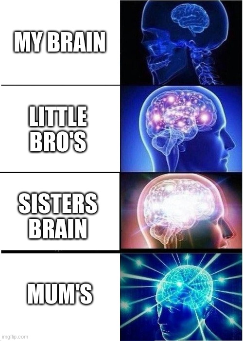 Expanding Brain Meme | MY BRAIN; LITTLE BRO'S; SISTERS BRAIN; MUM'S | image tagged in memes,expanding brain | made w/ Imgflip meme maker