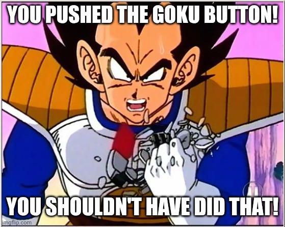 Vegeta over 9000 | YOU PUSHED THE GOKU BUTTON! YOU SHOULDN'T HAVE DID THAT! | image tagged in vegeta over 9000 | made w/ Imgflip meme maker