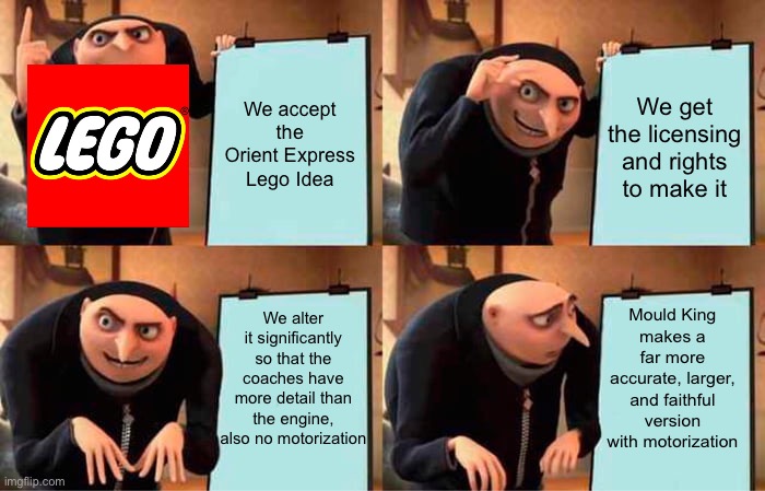 C’mon lego, you can do better than this | We accept the Orient Express Lego Idea; We get the licensing and rights to make it; We alter it significantly so that the coaches have more detail than the engine, also no motorization; Mould King makes a far more accurate, larger, and faithful version with motorization | image tagged in memes,gru's plan | made w/ Imgflip meme maker