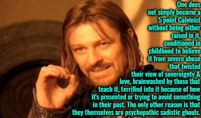 One Does Not Simply | One does not simply become a 5 point Calvinist without being either raised in it, conditioned in childhood to believe it from severe abuse that twisted their view of sovereignty &; love, brainwashed by those that teach it, terrified into it because of how it's presented or trying to avoid something in their past. The only other reason is that they themselves are psychopathic sadistic ghouls. | image tagged in one does not simply,calvinism,arminian,molinism,ghoulish robot marionette ai theology,reformed theology 5 point | made w/ Imgflip meme maker