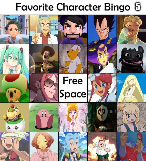 favorite character bingo 5 | image tagged in favorite character bingo 5,bingo,anime,videogames,movies,hatsune miku | made w/ Imgflip meme maker