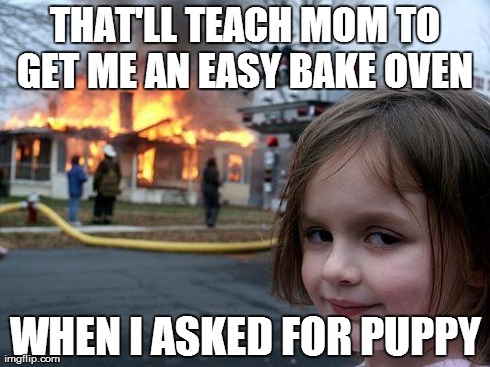 Disaster Girl | THAT'LL TEACH MOM TO GET ME AN EASY BAKE OVEN WHEN I ASKED FOR PUPPY | image tagged in memes,disaster girl | made w/ Imgflip meme maker