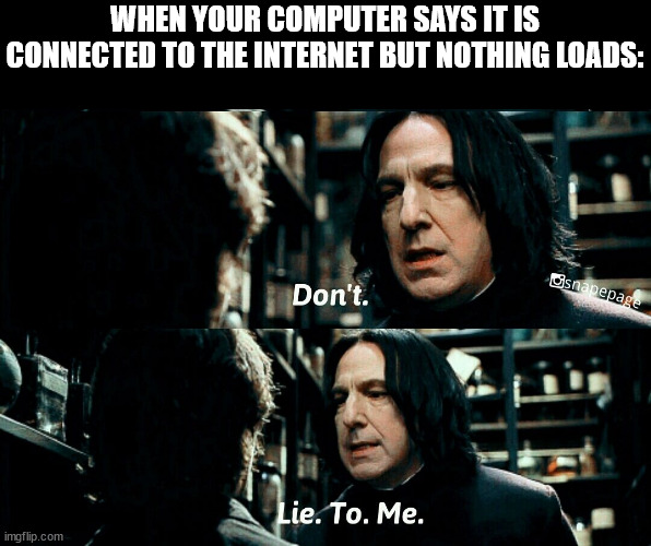 snape don't lie to me | WHEN YOUR COMPUTER SAYS IT IS CONNECTED TO THE INTERNET BUT NOTHING LOADS: | image tagged in snape don't lie to me | made w/ Imgflip meme maker