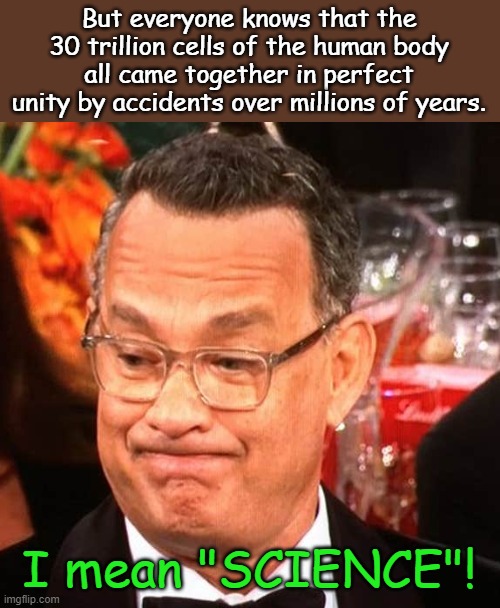 Tom Hanks Face | But everyone knows that the 30 trillion cells of the human body all came together in perfect unity by accidents over millions of years. I me | image tagged in tom hanks face | made w/ Imgflip meme maker