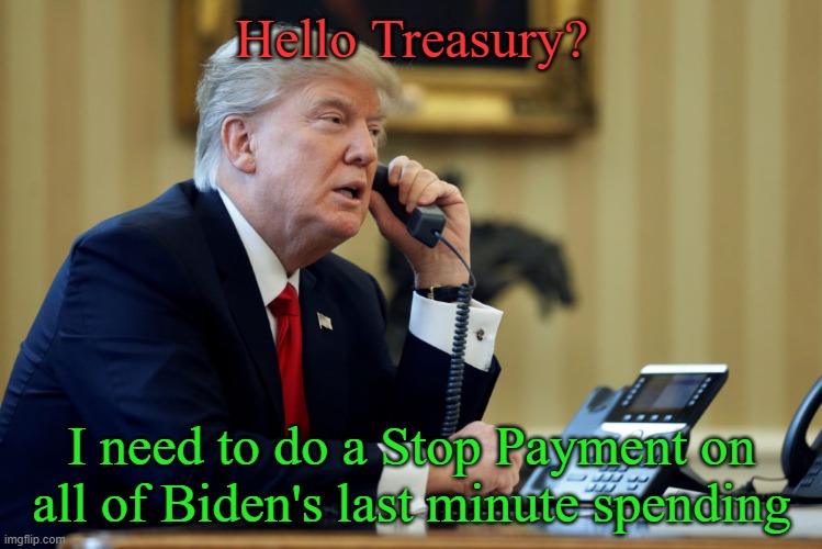 EO 1, and why not? Mental incompetence voids all contracts- prove Biden was competent. | Hello Treasury? I need to do a Stop Payment on all of Biden's last minute spending | image tagged in trump phone | made w/ Imgflip meme maker