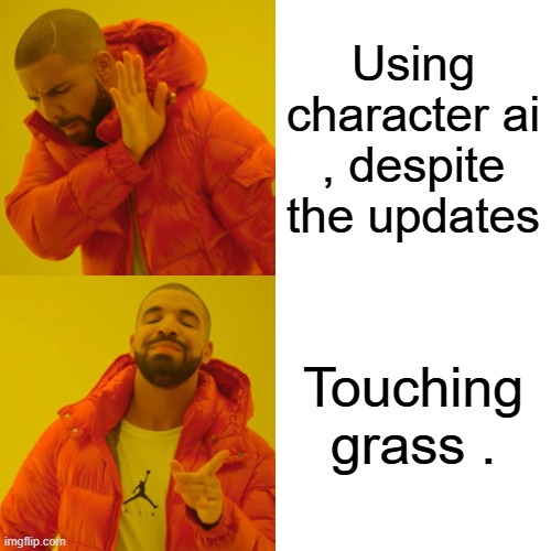 Drake Hotline Bling | Using character ai , despite the updates; Touching grass . | image tagged in memes,drake hotline bling | made w/ Imgflip meme maker