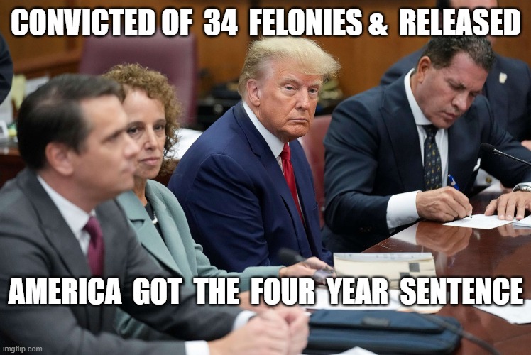 Taking the Rap | CONVICTED OF  34  FELONIES &  RELEASED; AMERICA  GOT  THE  FOUR  YEAR  SENTENCE | image tagged in donald trump | made w/ Imgflip meme maker