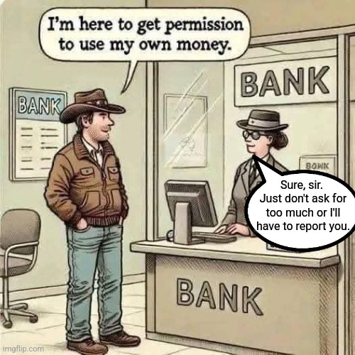 Sad but True | Sure, sir.  Just don't ask for too much or I'll have to report you. | image tagged in banks,bankers,thieves,money,banking,elite | made w/ Imgflip meme maker