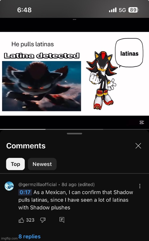 Hell nah | image tagged in shadow the hedgehog,youtube,comment,latina | made w/ Imgflip meme maker