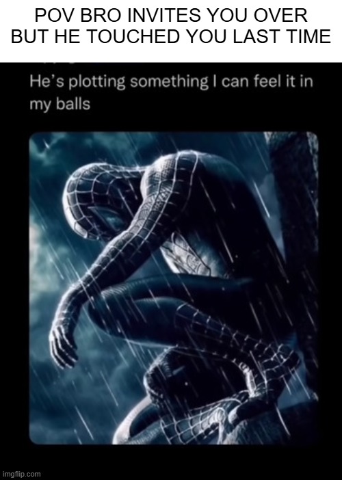 Balls tingle go brrrr | POV BRO INVITES YOU OVER BUT HE TOUCHED YOU LAST TIME | image tagged in balls tingle go brrrr,spiderman,dirty joke | made w/ Imgflip meme maker