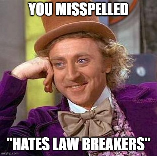 Creepy Condescending Wonka Meme | YOU MISSPELLED "HATES LAW BREAKERS" | image tagged in memes,creepy condescending wonka | made w/ Imgflip meme maker