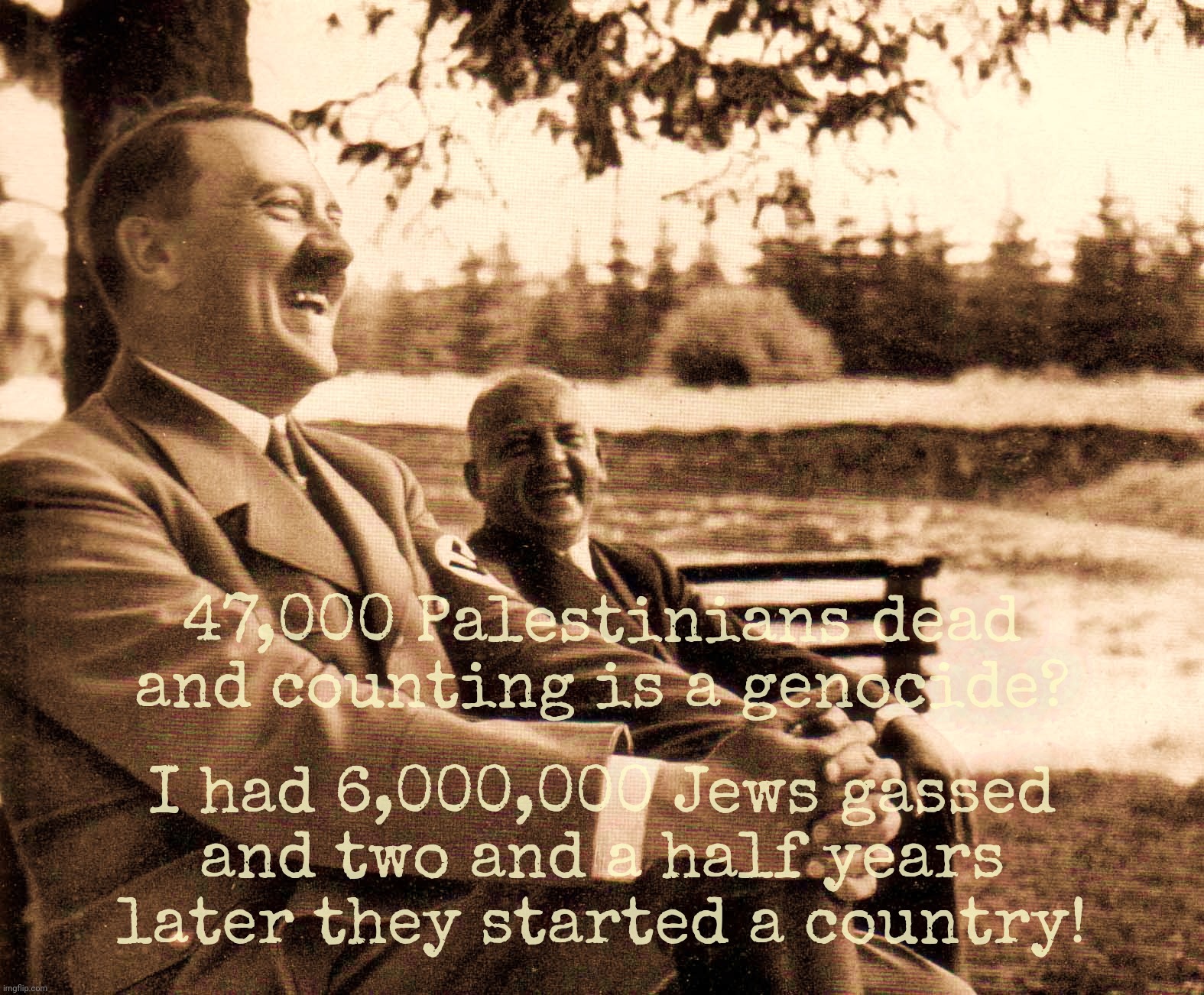 47,000 Palestinians dead and counting is a genocide? I had 6,000,000 Jews gassed
and two and a half years later they started a country! | made w/ Imgflip meme maker